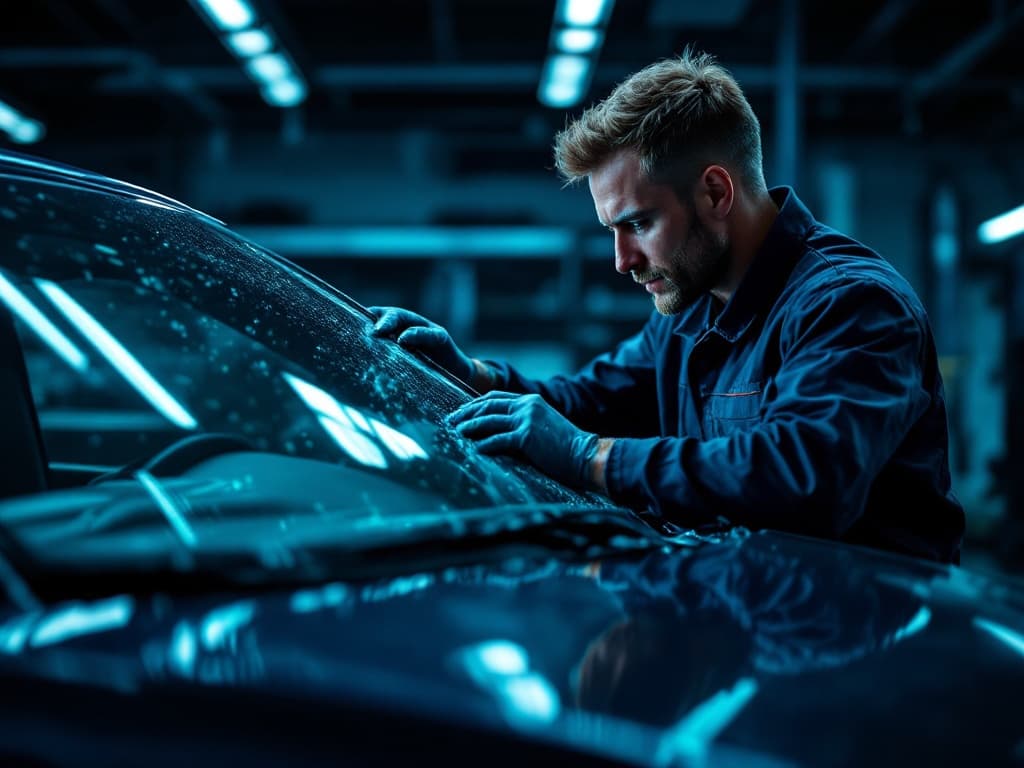 Ein Autoglas-Techniker prüft eine Frontscheibe in der Werkstatt